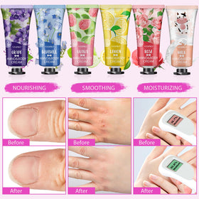 Hand applying VESPRO hand cream with floral background