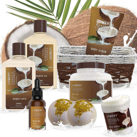 Handmade basket containing LOVERY Spa Gift products