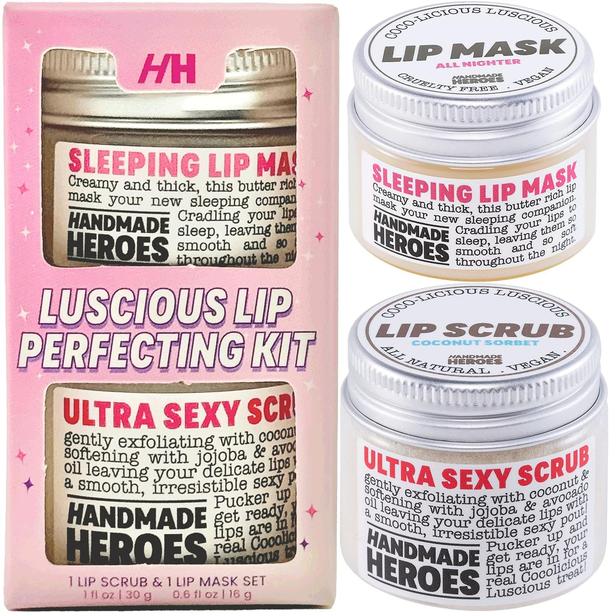 Handmade Heroes Coconut Lip Scrub front view with packaging