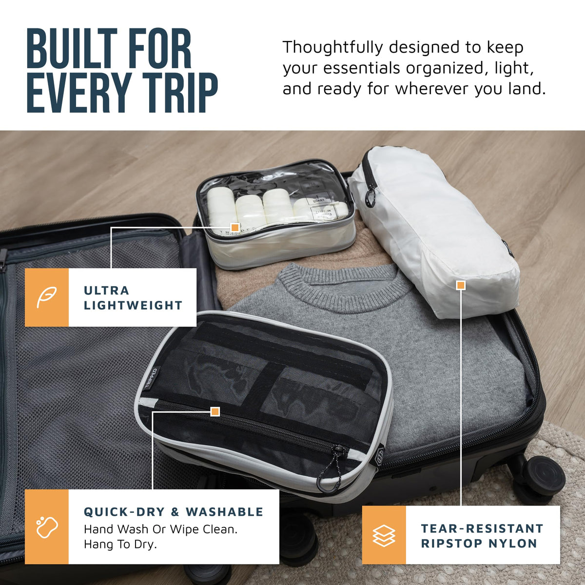 Hanging toiletry bag unfolded showing compartments