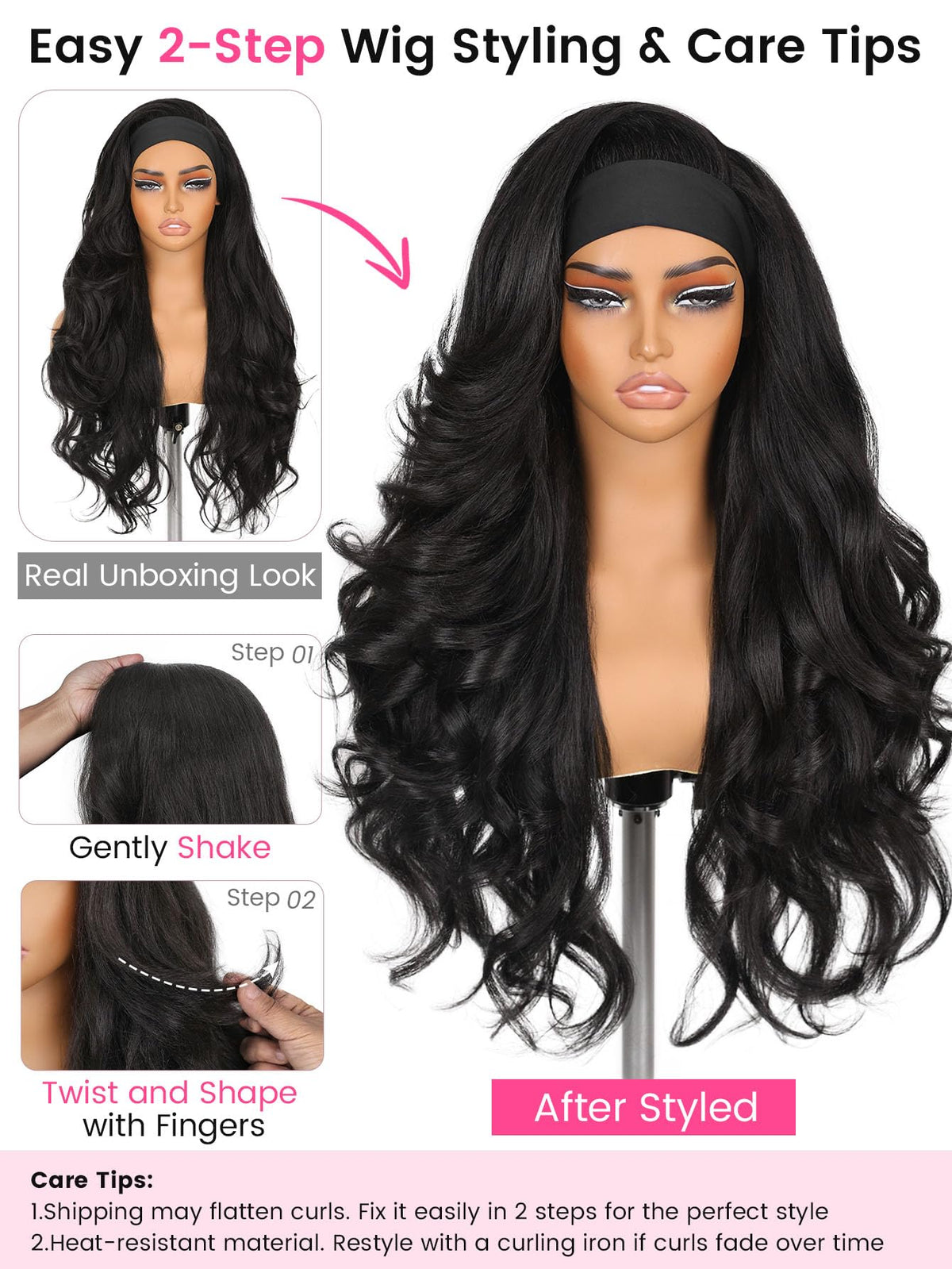 HANNE Wavy Flip Curls Curly Headband Wig styled in a bun