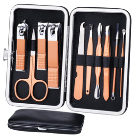 HANTEKAS Manicure Set 10 in 1 rose gold tools in leather case front view