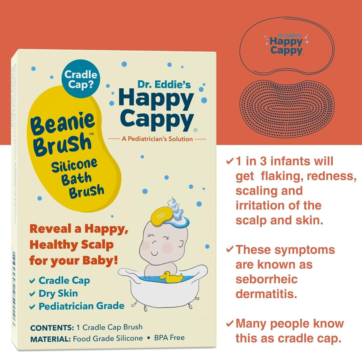 Happy Cappy shampoo and brush set displayed on a bathroom counter