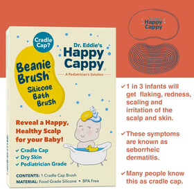 Happy Cappy shampoo and brush set displayed on a bathroom counter