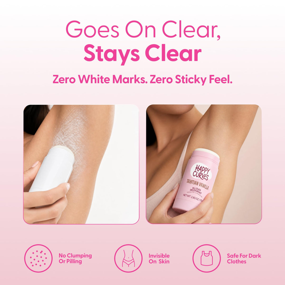 HAPPY CURVES All Over Whole Body Deodorant Tahitian Vanilla on a bathroom shelf