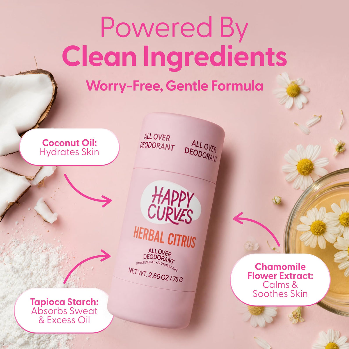 HAPPY CURVES deodorant ingredients list on packaging