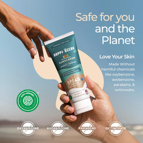 Happy Ocean Kids Reef Safe Mineral Sunscreen SPF 45 with beach background