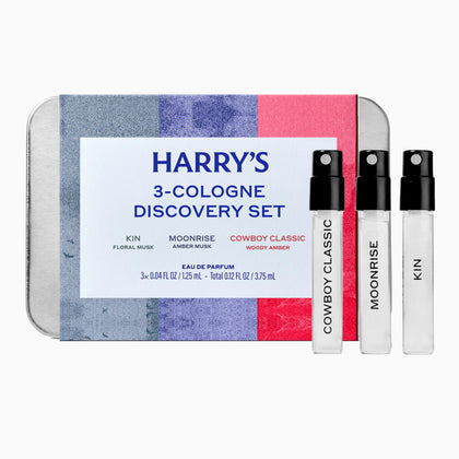 Harry's Cologne Discovery Set including three 1.25 mL bottles in metal tin