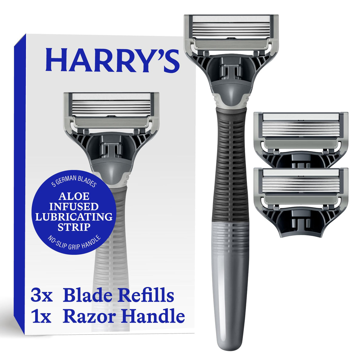 Harry's Original Shaving Kit front view with razor handle and blade refills
