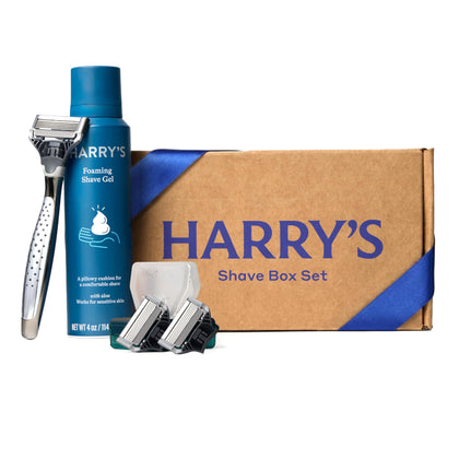 Harry's Original Shaving Kit front view with razor handle and foaming shave gel