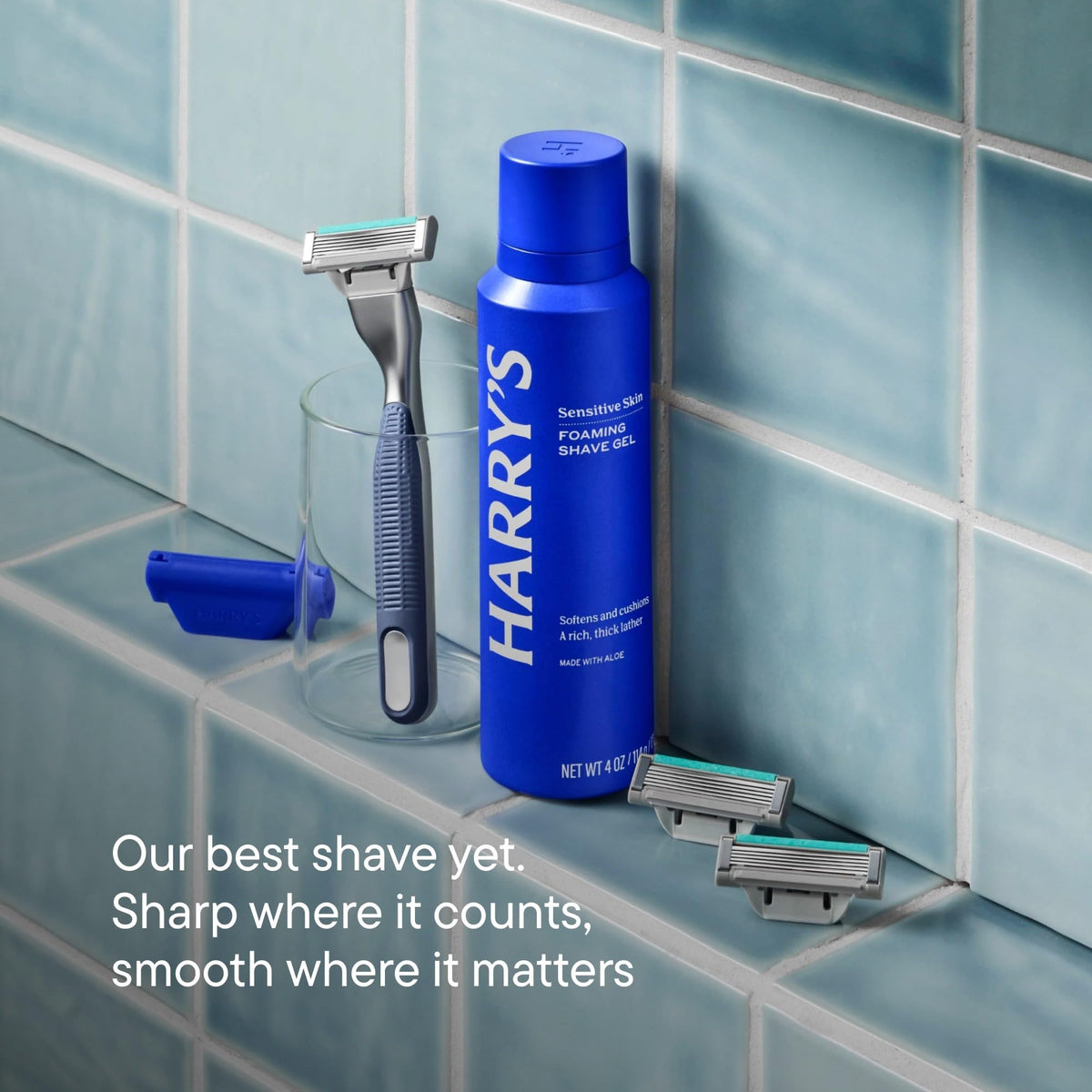 Harry's Plus Razor Refills arranged neatly on a countertop