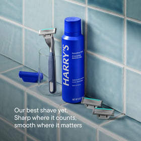 Harry's Plus Razor Refills arranged neatly on a countertop