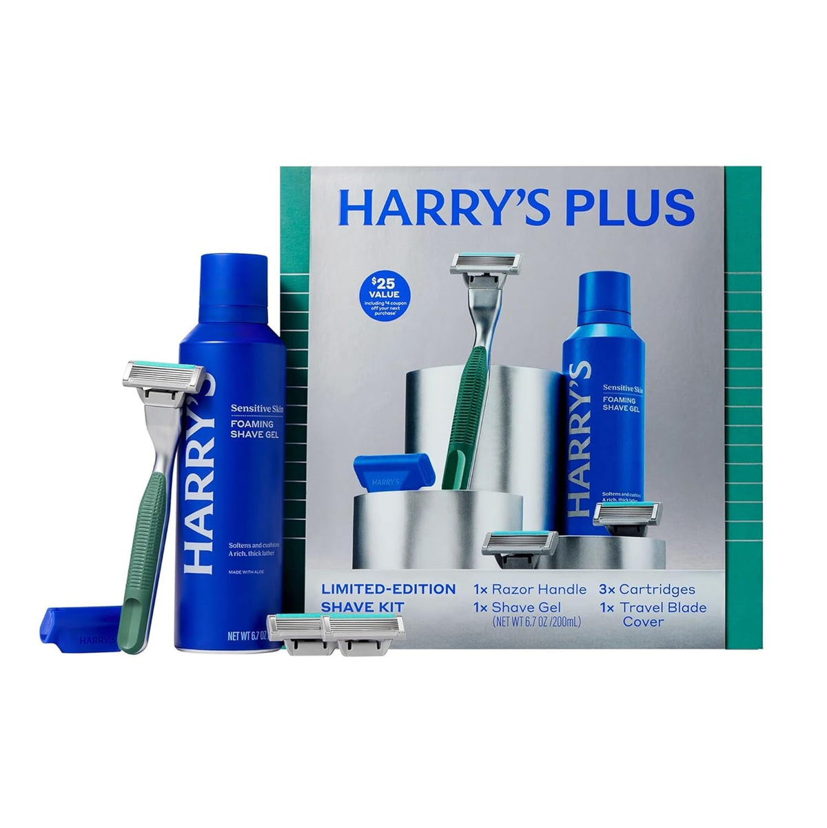 Harry's Plus Shave Gift Set for Men including metal handle and cartridges