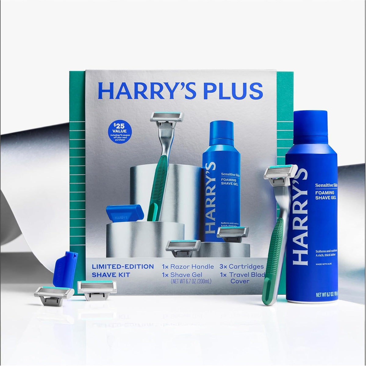 Harry's Plus shaving kit contents laid out on a surface