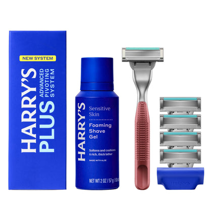 Harry's Plus Shaving Kit with premium metal handle and five blade cartridges