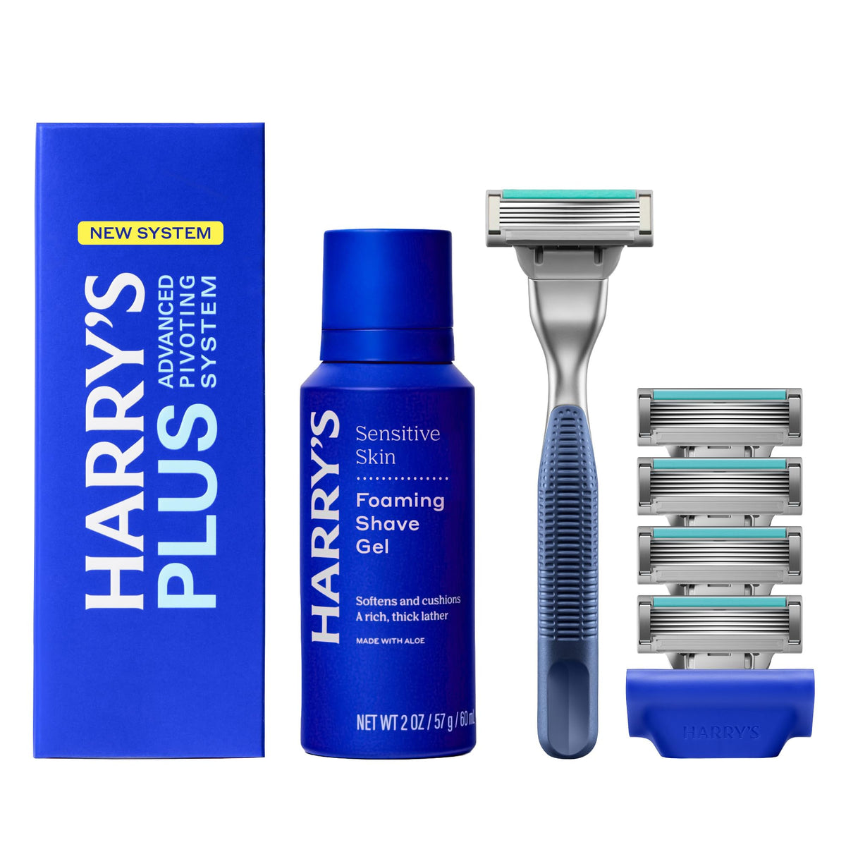 Harry's Plus Shaving Kit with premium metal handle and five blade cartridges