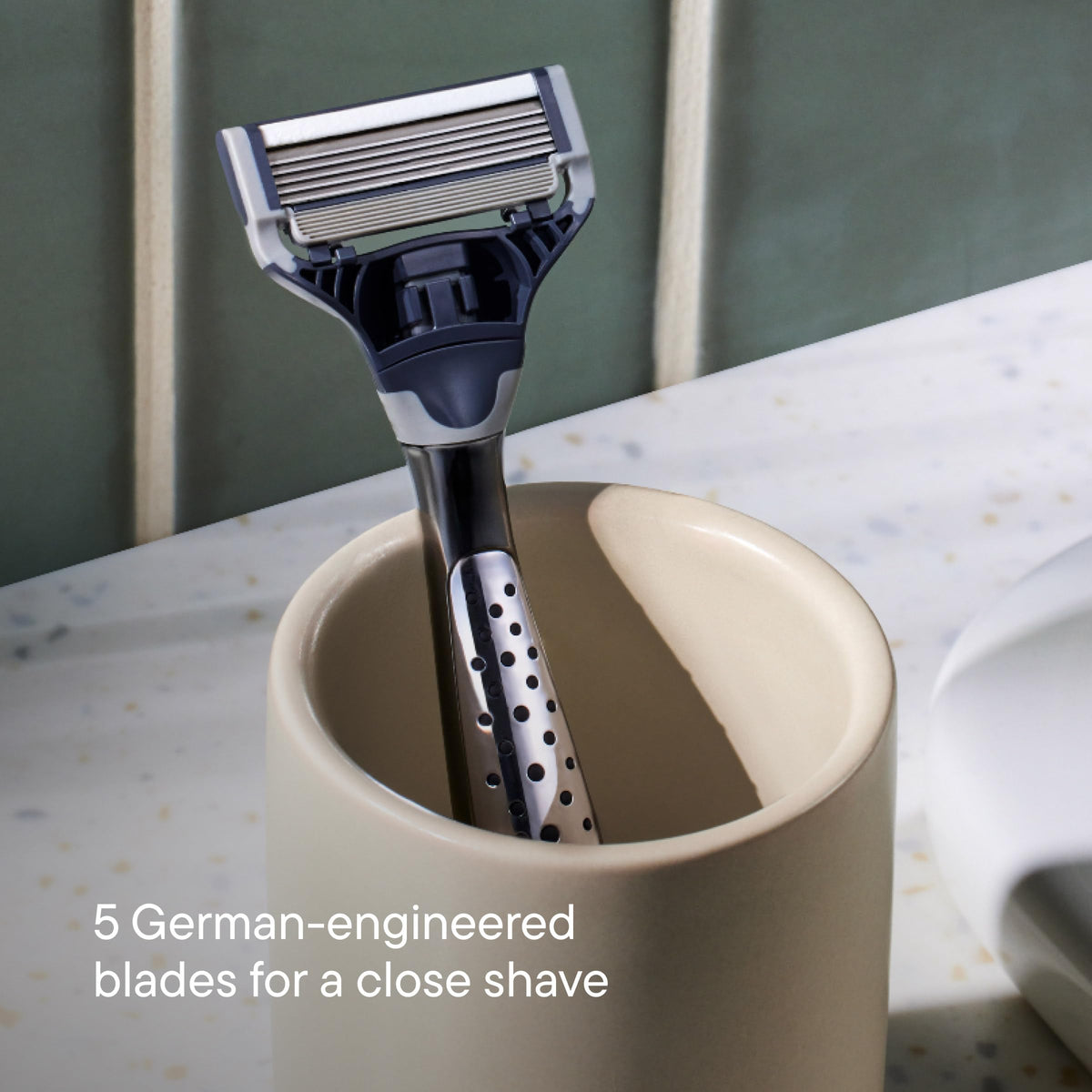 Harry's razor handle and blade refills displayed on a countertop