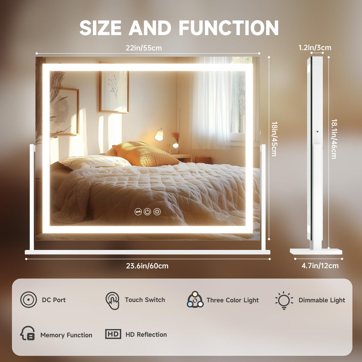 Hasipu Vanity Mirror displaying adjustable brightness settings