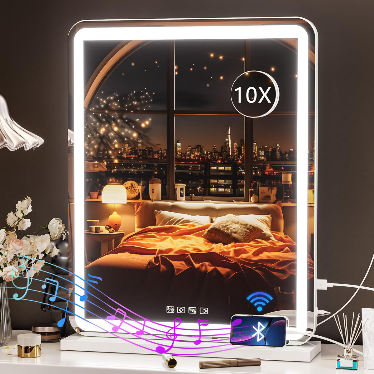 Hasipu Vanity Mirror front view with lights and Bluetooth speaker