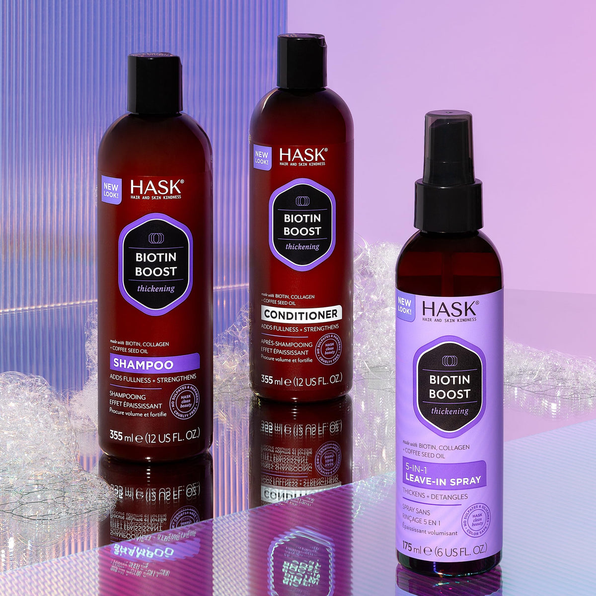 HASK Biotin support Shampoo and Conditioner on bathroom shelf