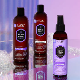 HASK Biotin support Shampoo and Conditioner on bathroom shelf