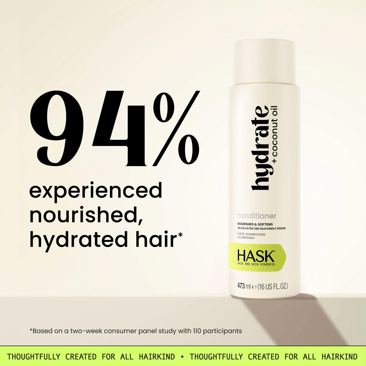 HASK Hydrate Coconut Oil Shampoo and Conditioner on bathroom shelf