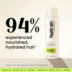 HASK Hydrate Coconut Oil Shampoo and Conditioner on bathroom shelf