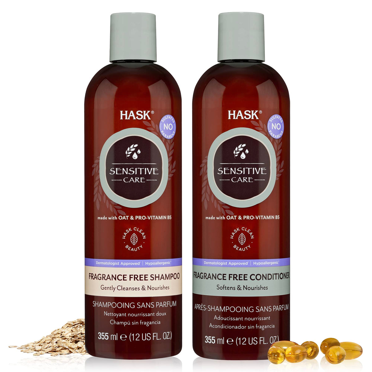 HASK Sensitive Care Shampoo front view, 12oz bottle