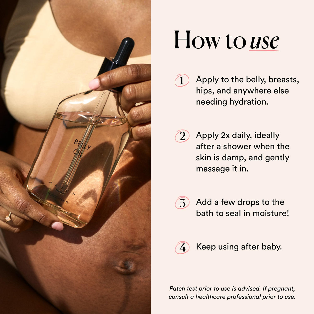 HATCH Belly Oil in a lifestyle setting on a bathroom counter
