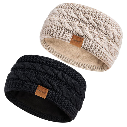 Hatromm Winter Headbands 2 Pack in Black and Beige front view