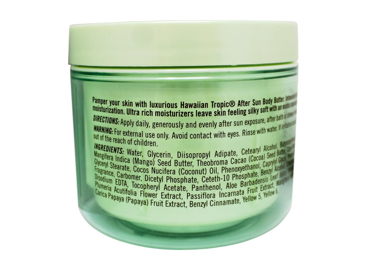 Hawaiian Tropic After Sun Body Butter on beach towel with coconut