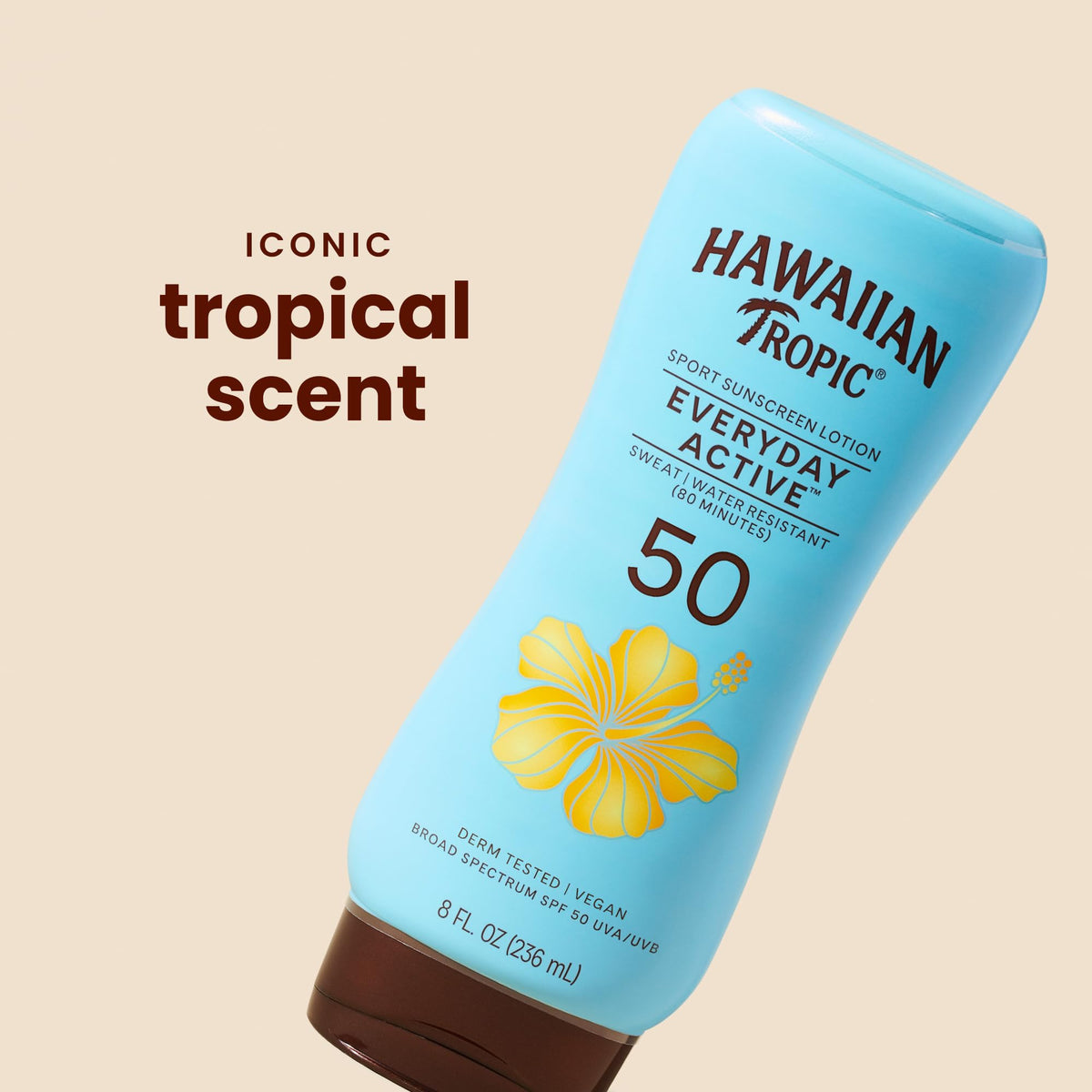 Hawaiian Tropic Everyday Active SPF 50 Sunscreen Lotion back view with ingredients