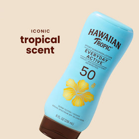 Hawaiian Tropic Everyday Active SPF 50 Sunscreen Lotion back view with ingredients
