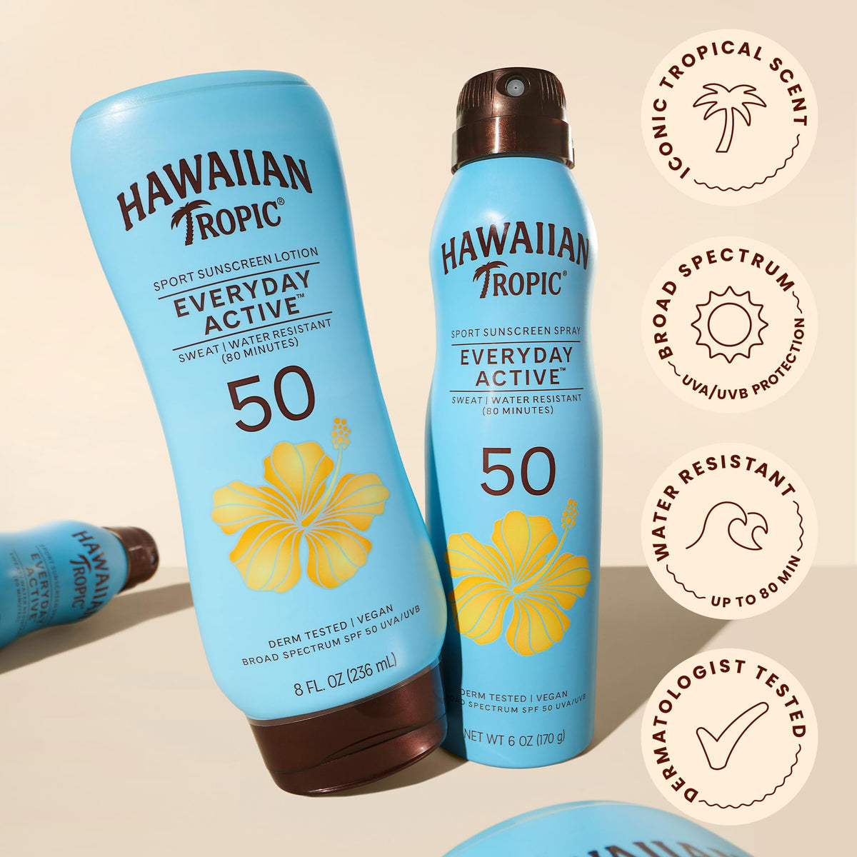 Hawaiian Tropic Everyday Active SPF 50 Sunscreen Lotion with beach background