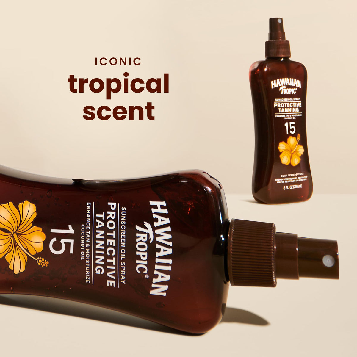 Hawaiian Tropic Tanning Oil Spray application on skin