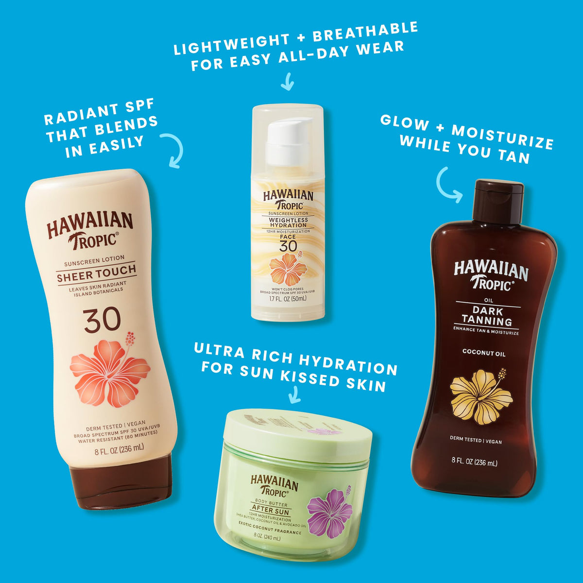 Hawaiian Tropic Water Mist SPF 30 with tropical flowers in background