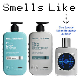 Hawthorne All Day Men's Shampoo and Conditioner in a bathroom setting