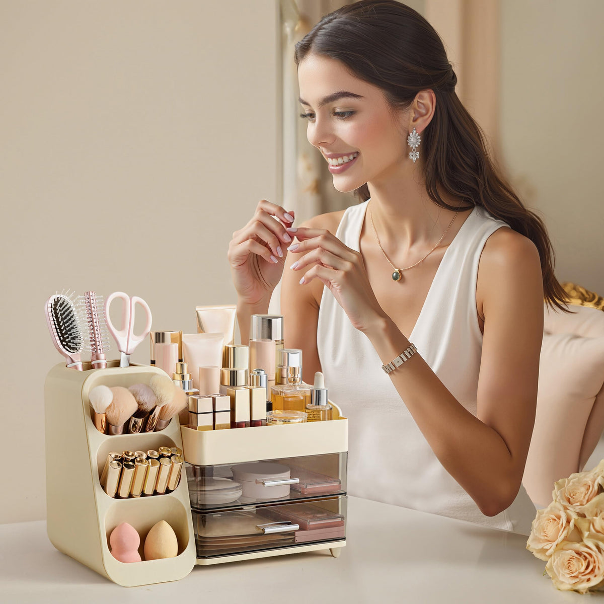 HBlife Makeup Organizer in an office setting holding stationery