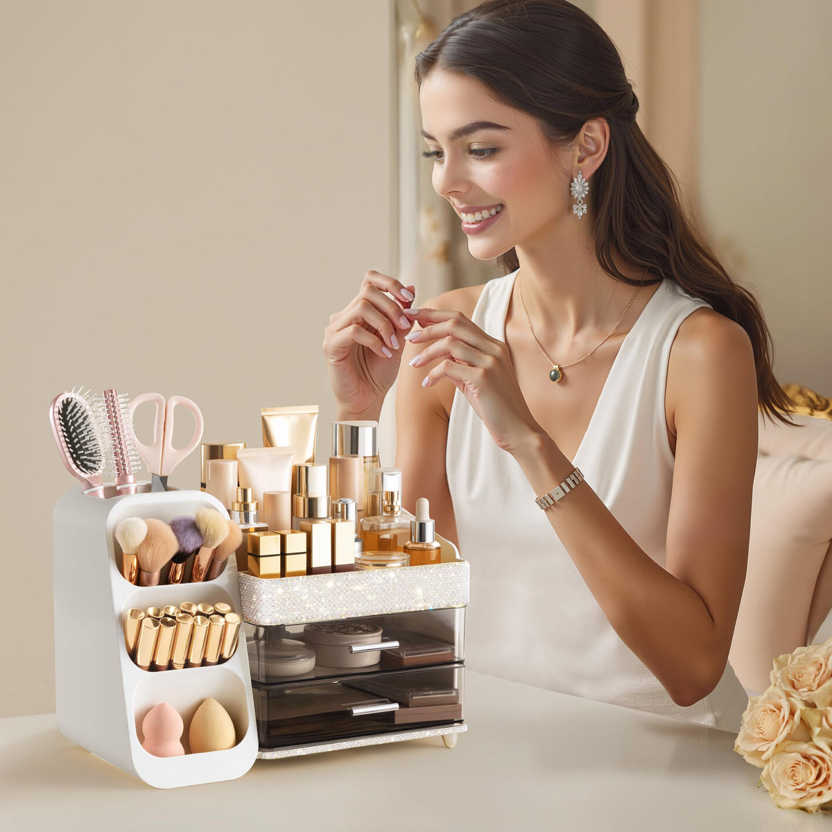HBlife Makeup Organizer lifestyle scene with makeup items