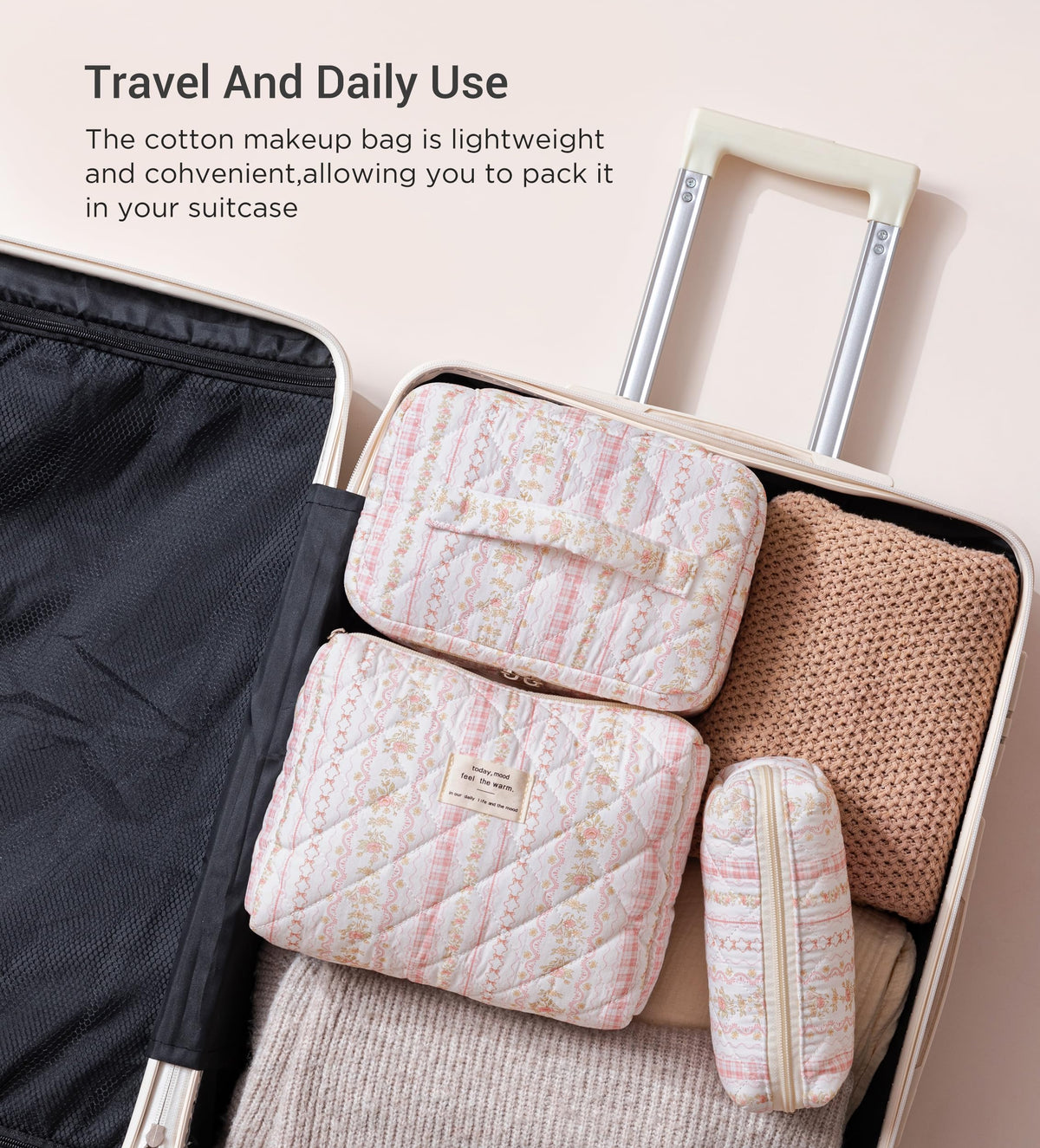 HBselect Quilted Makeup Bag Set all three bags stacked together