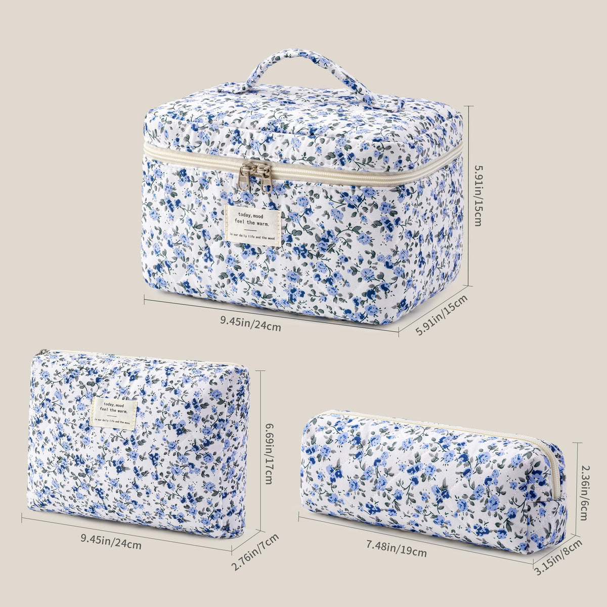 HBselect Quilted Makeup Bag Set displayed on a vanity