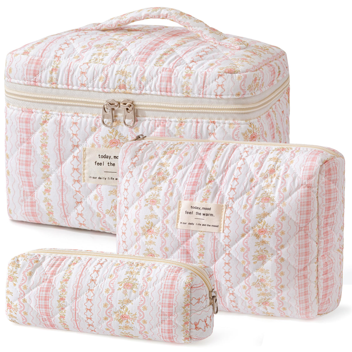 HBselect Quilted Makeup Bag Set large bag front view with floral design