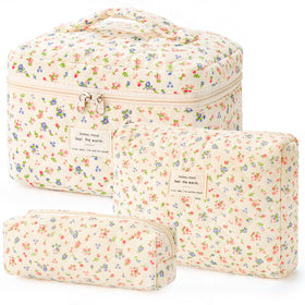 HBselect Quilted Makeup Bag Set large bag front view with floral pattern