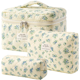 HBselect Quilted Makeup Bag Set large bag front view with floral pattern