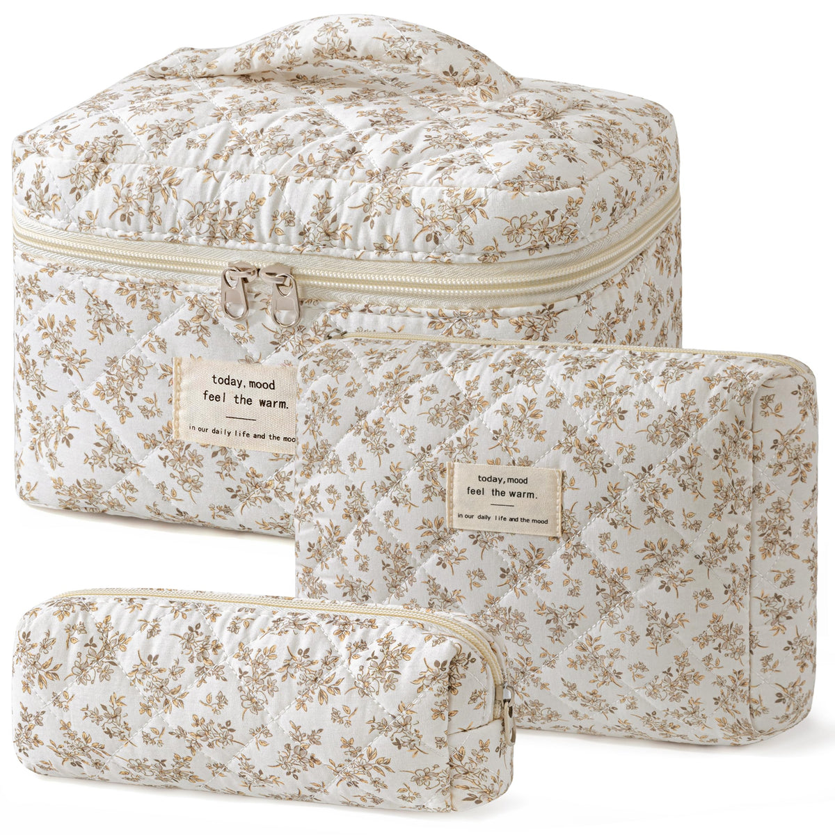 HBselect Quilted Makeup Bag Set large size floral design front view