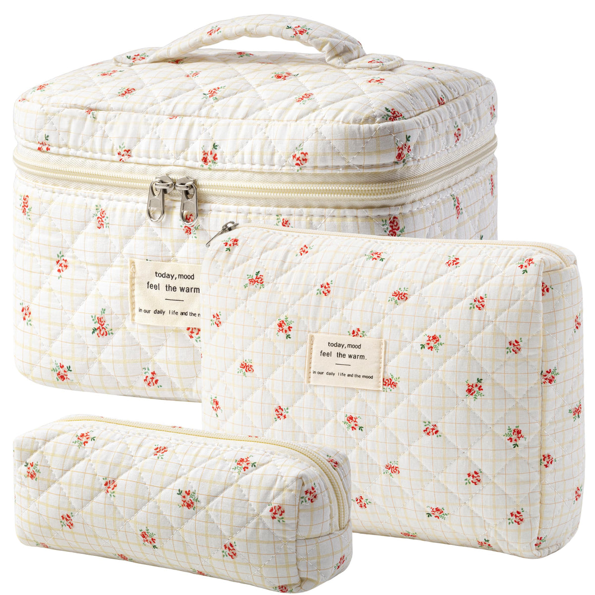 HBselect Quilted Makeup Bag Set large size floral design front view