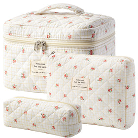 HBselect Quilted Makeup Bag Set large size floral design front view