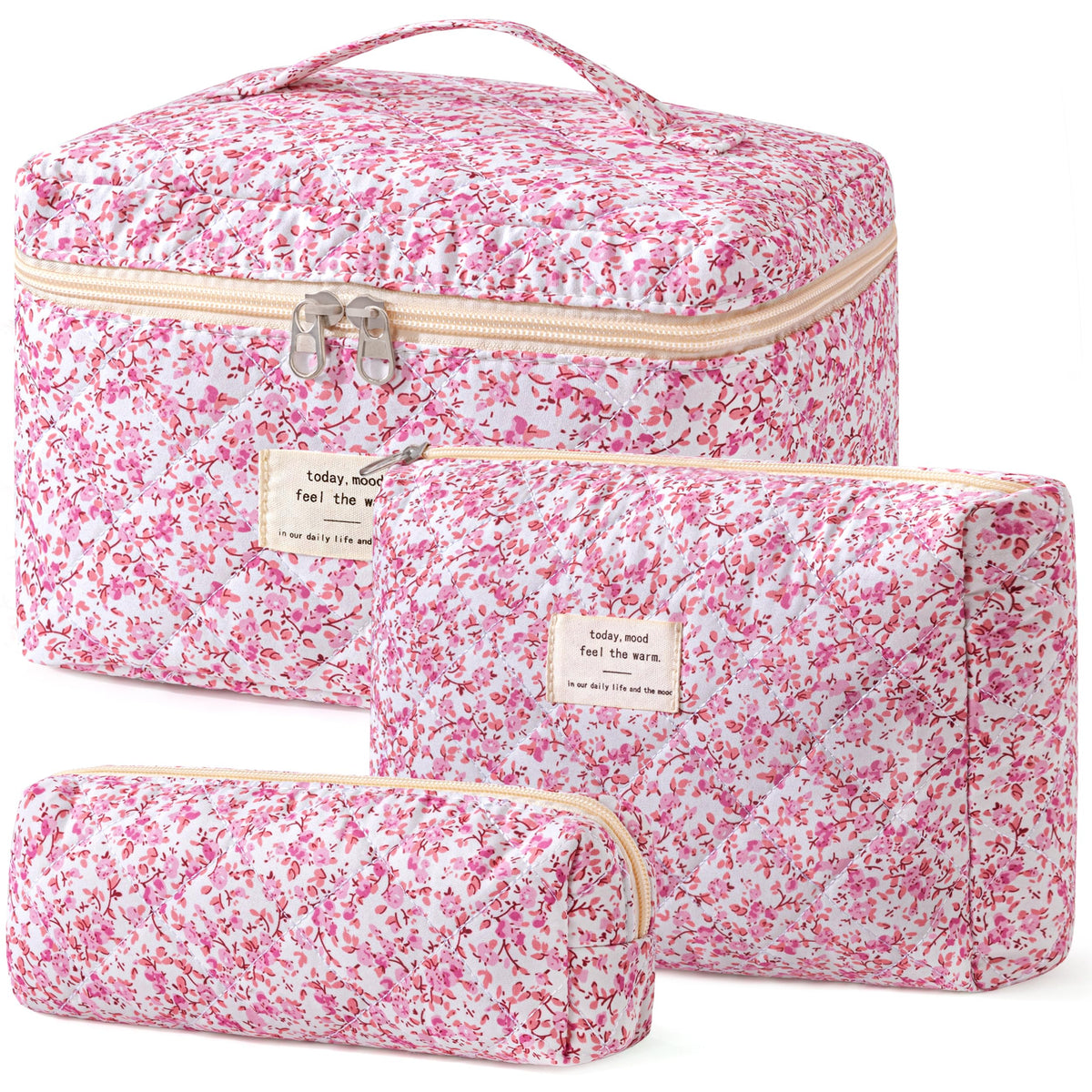 HBselect Quilted Makeup Bag Set large size floral pattern front view