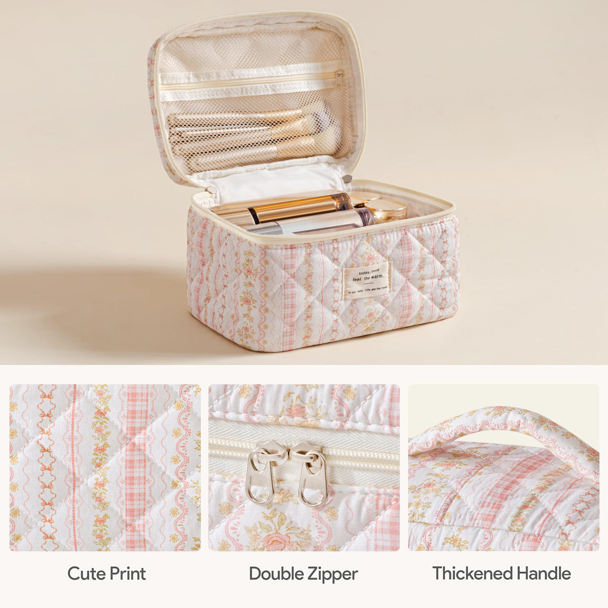 HBselect Quilted Makeup Bag Set medium bag side view showing floral pattern
