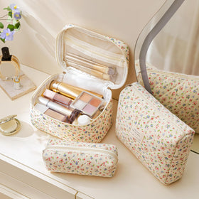 HBselect Quilted Makeup Bag Set medium bag side view with floral design